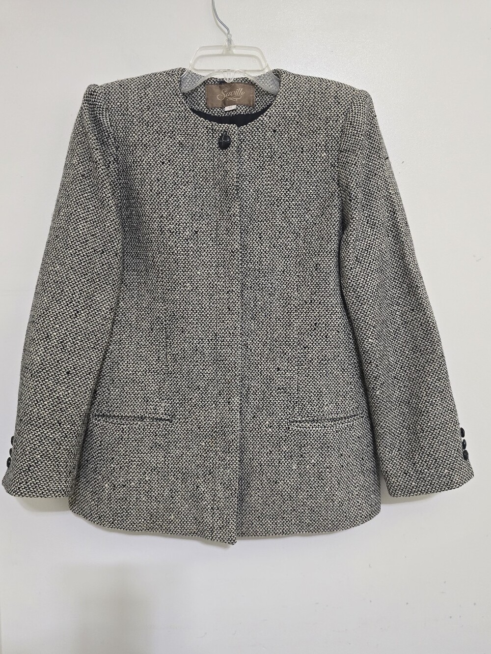 vintage 90s SAVILLE size 14 Pure 100% Wool Button Up Blazer Black Cream Academic